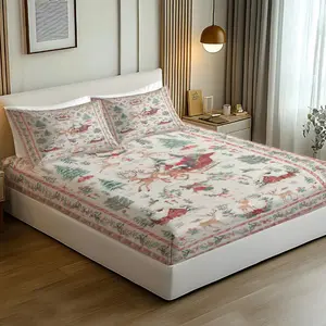3Pcs Festive Christmas Tapestry Fitted Sheet Set, Comfy Bedding Set, Santa in Sleigh with Reindeer, Cozy Holiday Interior Design, Perfect for Creating a Magical Winter Wonderland in Your Bedroom