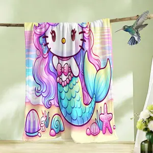 Comfortable Flannel Blanket, Kt Cat Theme, Mermaid Starfish Bow Shell Pearl Pattern, Blue Digital Print, Ideal for Living Room and Camping