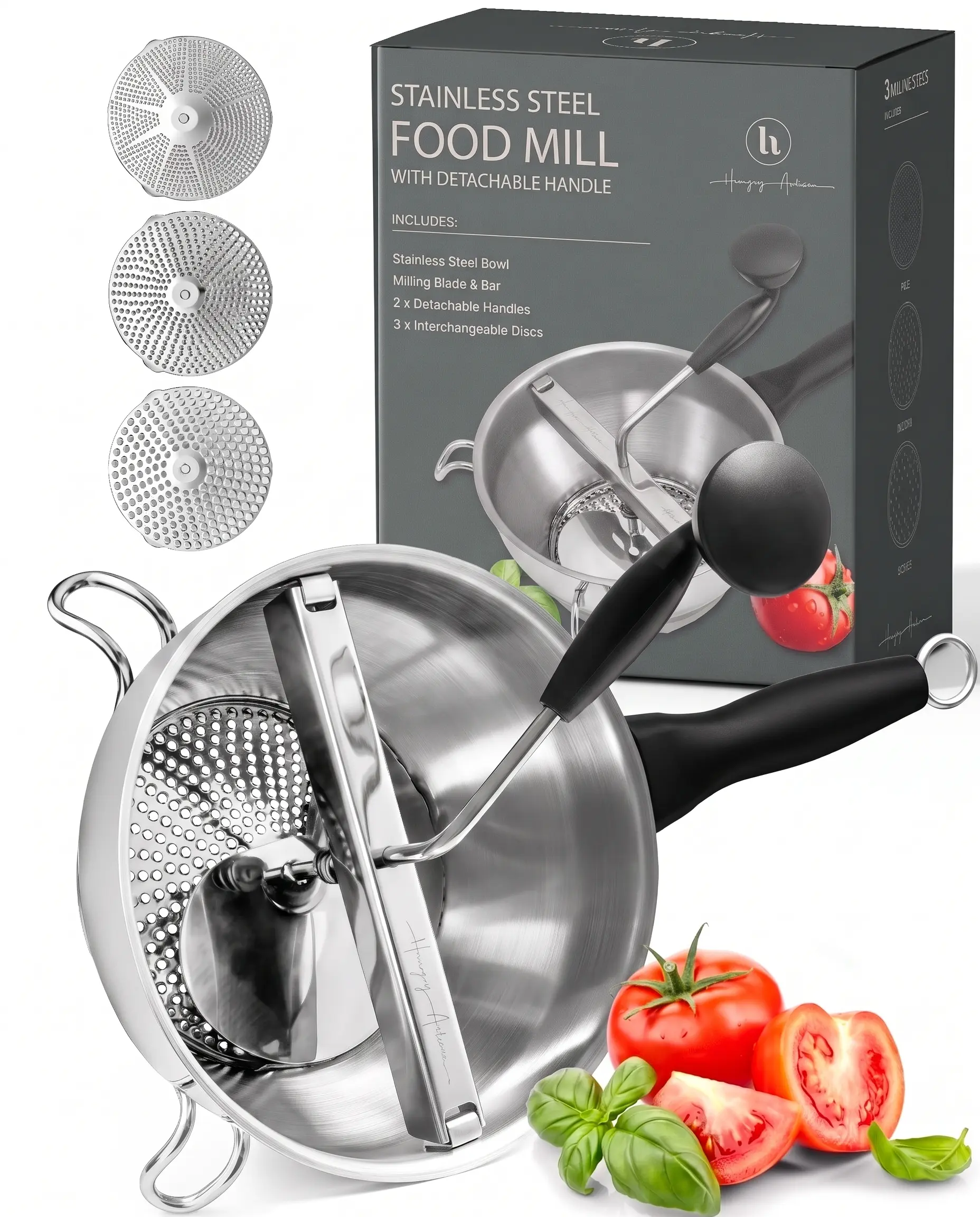 Hungry Artisan Food-Grade Stainless Steel Hand Crank Mill - Compact, Detachable Handle, 3 Interchangeable Discs, High-Heat Safe, Easy to Use & Clean, Rock-Solid Stability for Safe, Confident Cooking, Long-Lasting for Parents