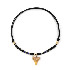 Men’s Shark Tooth Necklace Bohemian Vintage Wood Bead Chain Retro Choker Fashion Jewelry Accessory