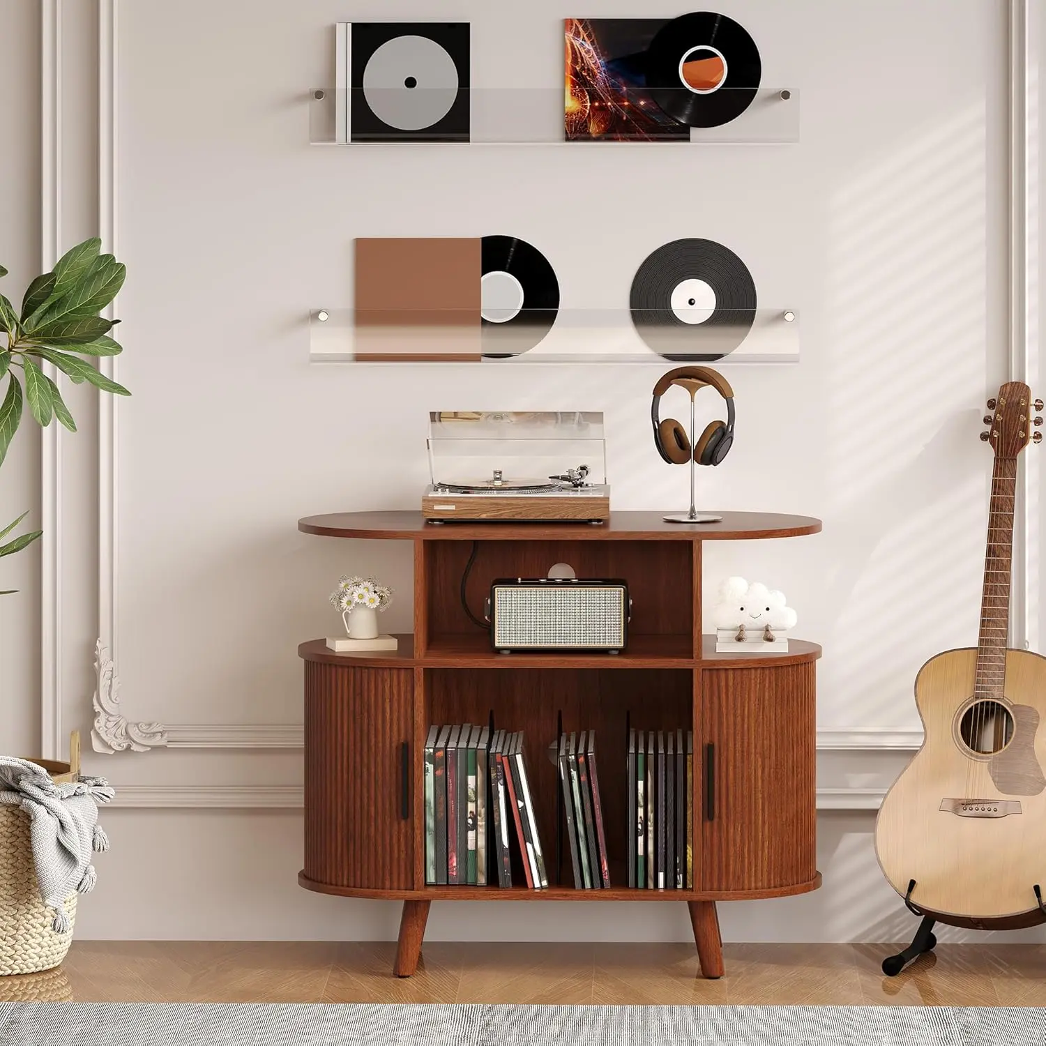 Record Player Stand with Storage and Charging Station, Large Round Vinyl Record Cabinet, Mid-Century Modern Turntable Stand with for Living Room, Bedroom