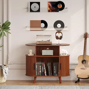 Record Player Stand with Storage and Charging Station, Large Round Vinyl Record Cabinet, Mid-Century Modern Turntable Stand with for Living Room, Bedroom