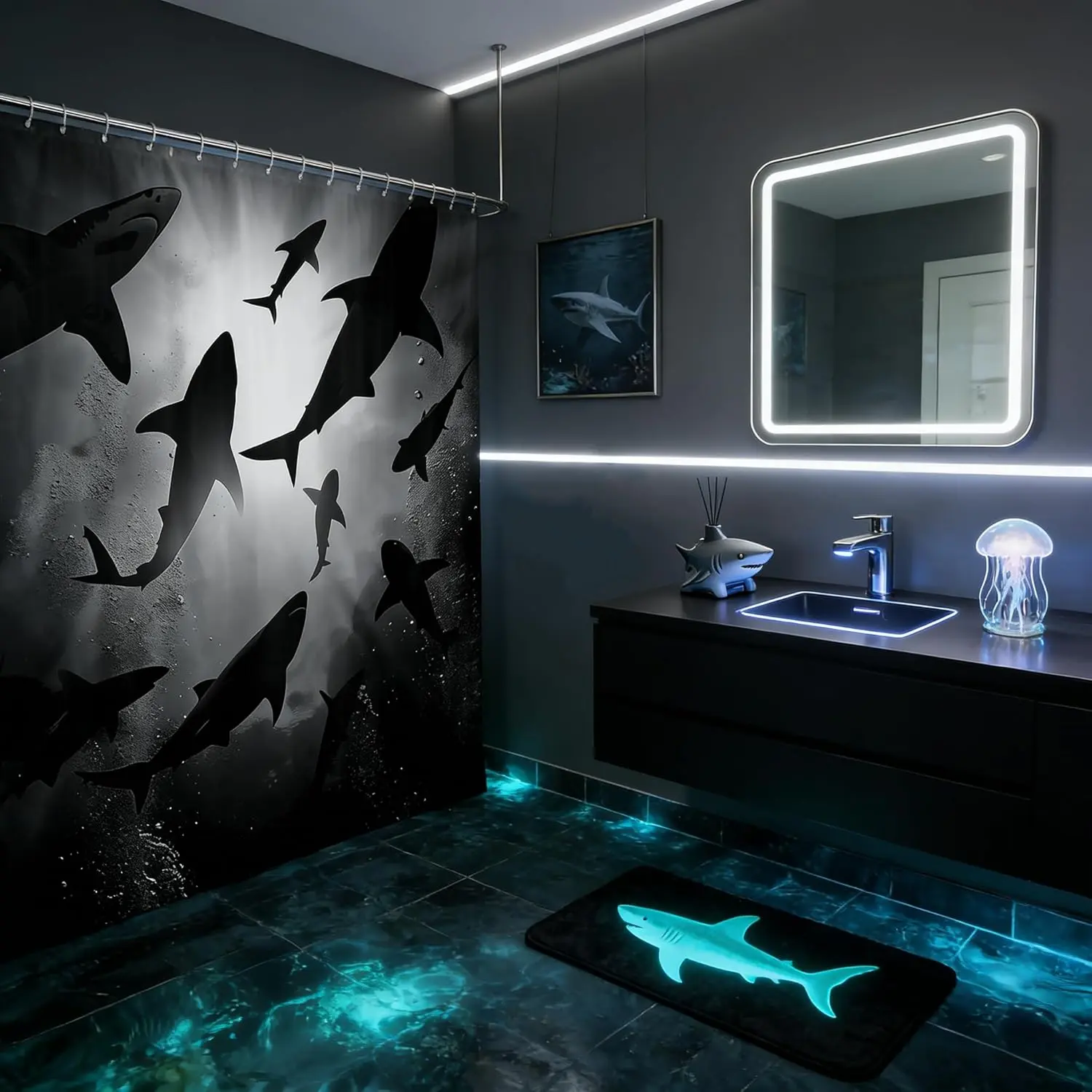 Shark Shower Curtains,Black Sea Fish Ocean Animal Silhouette Bath Curtain,Underwater World Themed Waterproof Fabric Curtain Hooks Bathroom Decor