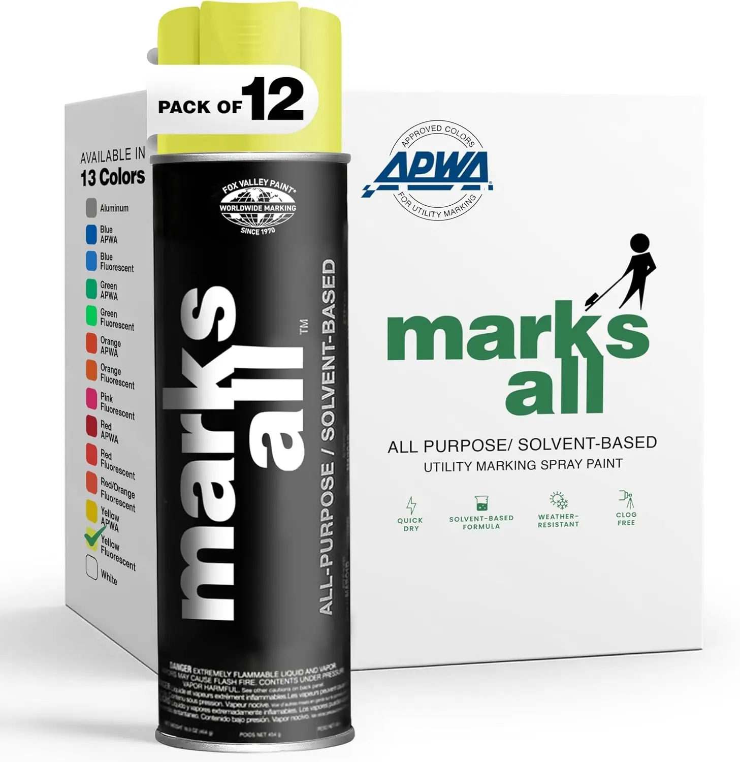 Fox Valley 18oz Marks All Solvent-Based Marking Paint, 12-Pack Yellow Fluorescent – Long-Lasting, Weather-Resistant Paint for Wet or Dry Surfaces Like Metal, Grass, Concrete, Wood, & More