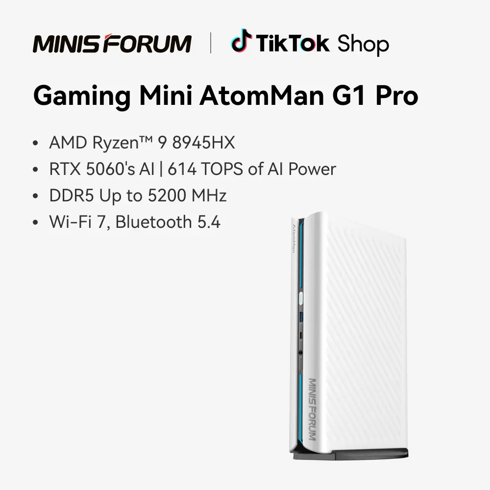 MINISFORUM G1 Pro High Perf. Gaming Mini Desktop, Ryzen 9 8945HX 16C/32T up to 5.4GHz, GeForce RTX 5060 8GB GDDR7, 32GB DDR5, 1TB SSD, 5GbE, Wi-Fi 7, Quad 4K, 245W Compact Prebuilt Tower, Gaming Desktop Computer, Pre Built PC Gaming