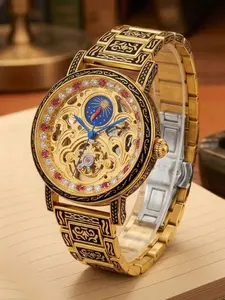 A men's gold hollowed-out retro engraved moon phase red circle tourbillon casual fashionable individualistic trendy business formal automatic mechanical wristwatch