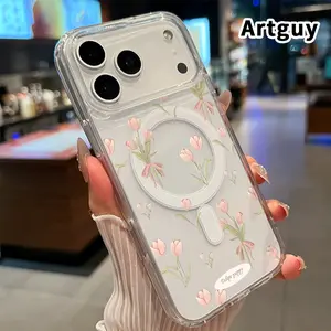 Compatible With iPhone 17 16  Pro Max Plus 15 14 13 12 11 Air E Phone CaseBlushing Tulips Pattern Shockproof Non-Yellowing Crystal Transparent Acrylic Large Hole Soft Case Supports Wireless Charging