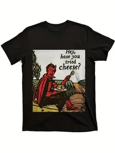 Humorous Devil Cheese Gift Retro Comic T-Shirt - Classic Satan Tee Featuring 'Hey Have You Tried Cheese?' - Comfortable Shirt for Costume Events Gym Everyday Wear - Amusing Presents for
