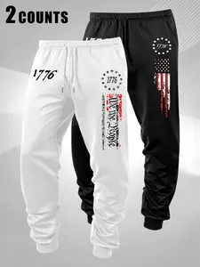 Men's Sport Pants 2 Pack, Loose Fit Flag Print, Suitable for Beach, Commuting, Sports, Outdoor Activities, Casual Drawstring Design, Athleisure Style Bottoms