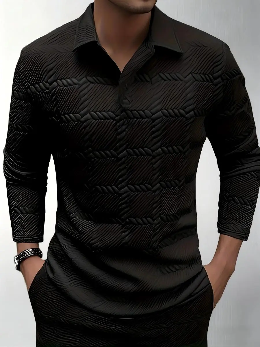 Men's Fashion Jacquard POLO Shirt - Casual Business, Long Sleeve with Button Details, Soft Polyester Knitted Fabric, Comfortable and Durable, Suitable for Casual Wear