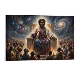 Black Jesus Religious Canvas Painting - Oil Style, Cosmic Background & Multicultural Scene, Vibrant Canvas Print for Home/Church Decor