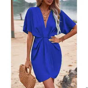 Vacation Sleeve Solid tiktok Holidaya Batwing Twist Front Dress Beach Outfits Women