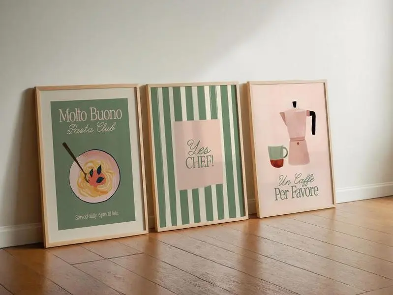 Kitchen Prints Set of 3 Trendy Italian Green & Pink Theme