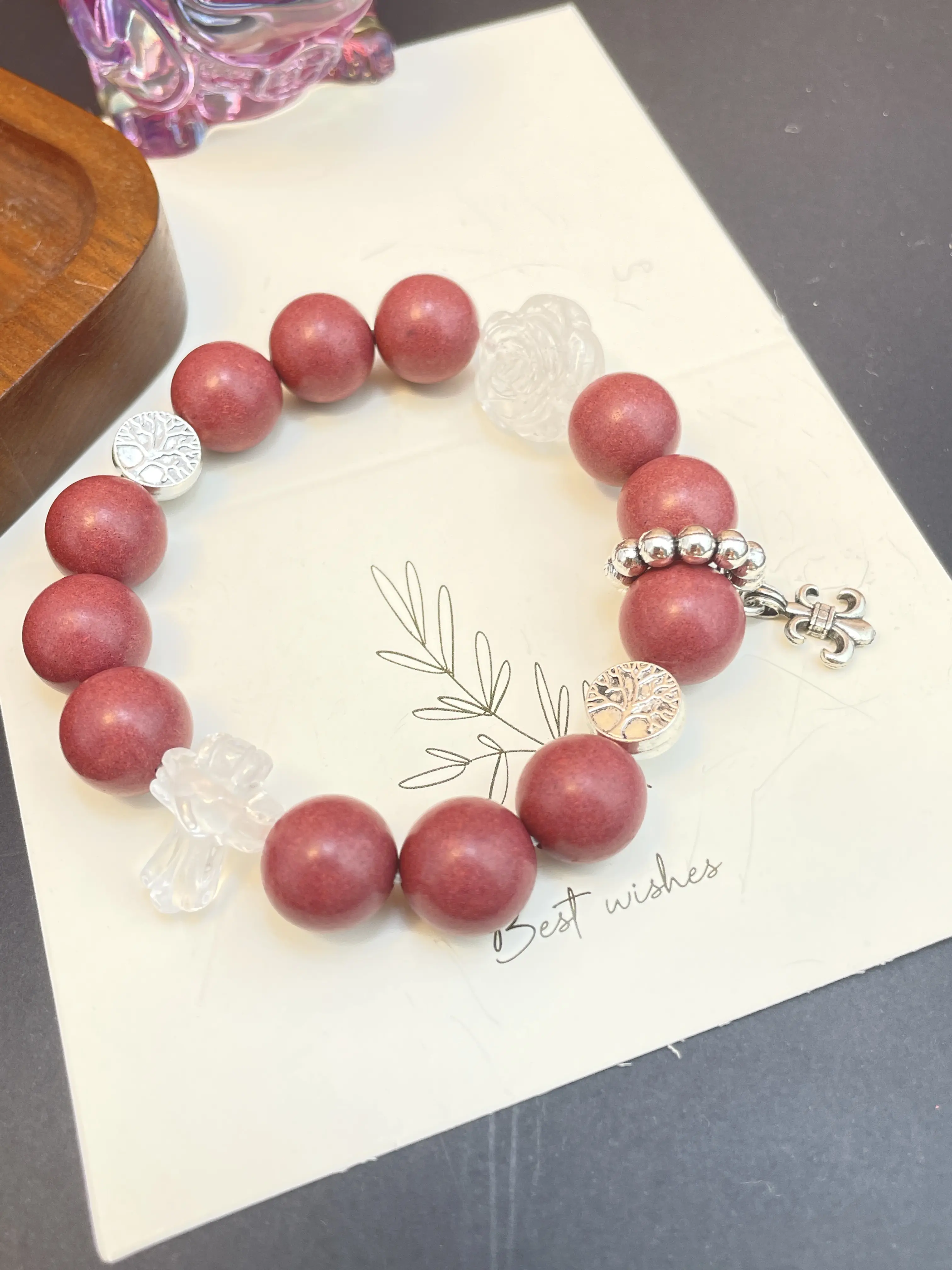 12MM Rose Floral incense aromatherapy bracelet for Love and relationship Rose+Iris+Cross+Tree of life