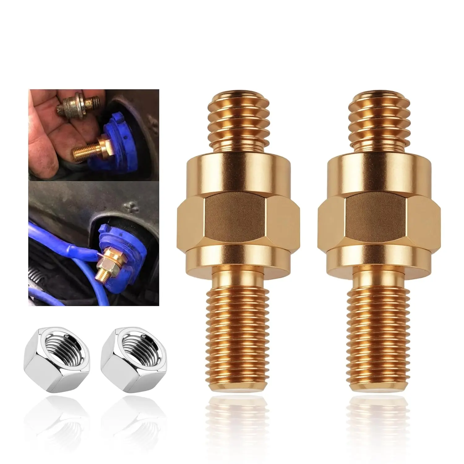 2 Set Side Post Battery Terminal Extension Bolt with Nuts,3/8"-16 Coarse and 3/8"-24 Fine Teeth Side Post Battery Bolts,Batteries Terminal Bolt for Reliable Current Transfer (B-2PCS)
