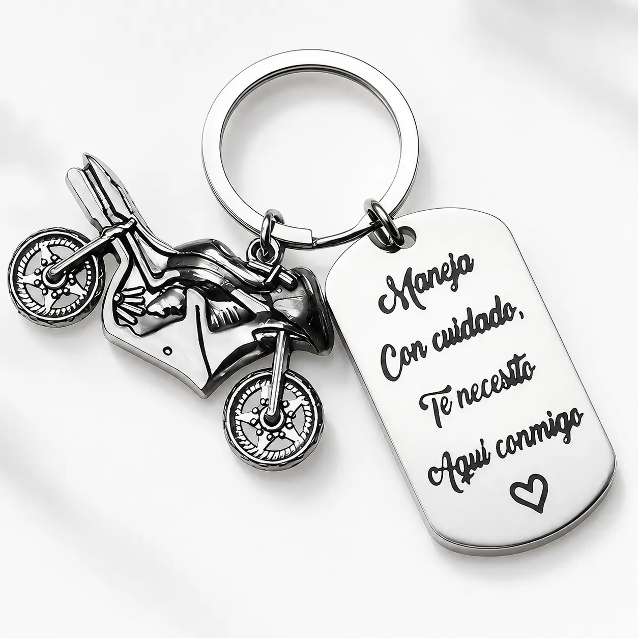 Stainless Steel Keychain with Spanish "Maneja Con Cuidado" Engraving, Vintage Motorcycle Key Charms, Drive Safe Gift for Biker Boyfriend, Father's Day Fashion Accessory