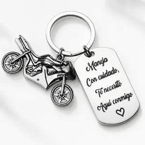 Spanish Motorcycle Keychain "Maneja Con Cuidado" Engraved Keychain, Drive Safe Gift for Biker Boyfriend Husband, Stainless Steel Key Ring with Motorcycle Charm