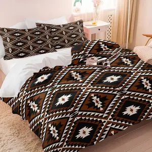 2/3Pcs Southwestern Aztec Print Duvet Cover Set No Filler, Tribal Geometric Comforter Cover Bedding Set, Brown Black Bohemian Soft Bedding Set for Bedroom Living Room, Boho Rustic Western Home Decor