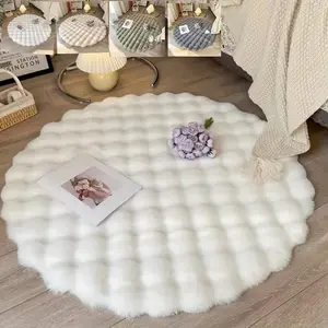 Round Cream Color Fluffy Artificial Rabbit Fur Rug Pad, Lightweight Polyester, Non-Slip Polypropylene Backing, Living Room Bedroom Decor, Home Decorative Rug, Furry Soft Rugs