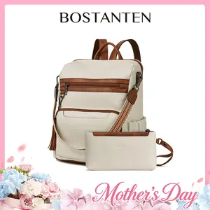 【Mother's Day Gift】BOSTANTEN Backpack for Women Leather Womens Backpack Purse 2PCS Laptop Backpack Large Ladies Shoulder Bags with Wristlet