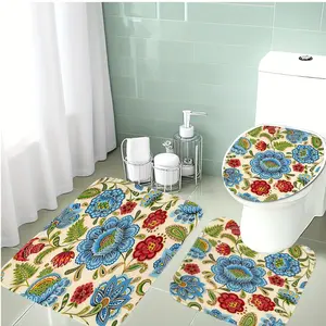 3-Piece Bathroom Rug Set, Blue Floral Pattern, Soft Flannel Material, Non-Slip Bath Mat, Toilet Lid Cover, Holiday Decor