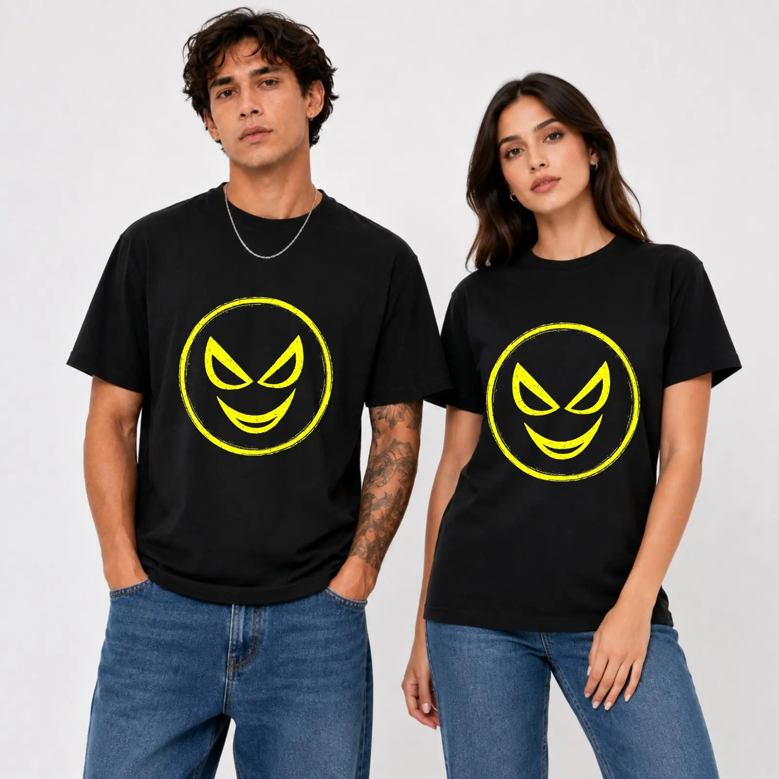 CARPESUN Women's Short-Sleeve Round Neck Classic Cut Graphic Tee, Unisex Soft Cotton Jersey Top, Neon Yellow Smiley Face Print, Casual Daily Wear, Single Pack