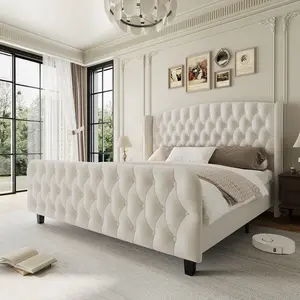 【GARVEE】51'' Tall Button Tufted Wingback Headboard - Queen Soft Upholstered Platform Bed Frame - Sturdy Wood Slat Support, No Box Spring Needed, Modern Bedroom Furniture - Beige/Cream/Grey