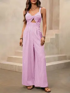 Women's Striped Romper, Sleeveless Halter Neck Hollow Out Knot Long Pants, Unique Design Charming Backless Jumpsuits ,Casual Wide Leg  Go Out Playsuits