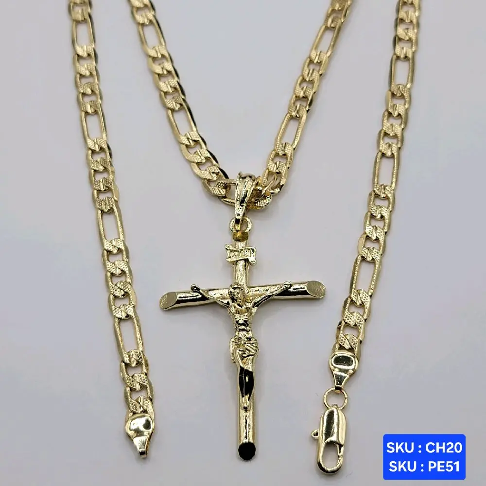Christ on the Cross Medium Pendant Necklace Select Chain Figaro, Cuban or Mariner Link  24 Inches 6mm Wide Plated Gold Plain Color Religious  Oro Laminado Laminated Gold Elegant Design SKU : PE51