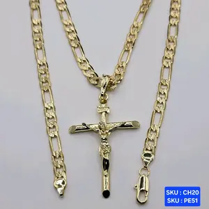 Christ on the Cross Medium Pendant Necklace Select Chain Figaro, Cuban or Mariner Link  24 Inches 6mm Wide Plated Gold Plain Color Religious  Oro Laminado Laminated Gold Elegant Design SKU : PE51