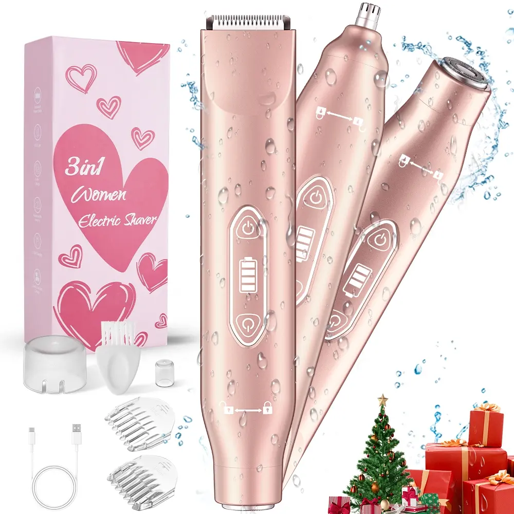 Bikini Trimmer for Women, Electric Shaver and Razor, Cordless Rechargeable Trimmer, 3-in-1 Body and Facial Epilator, Dual Heads for Painless Trimming of Pubic Hair, Face, Underarms and Legs, IPX7 Waterproof, Christmas Gift New