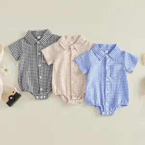 Canrulo Newborn Infant Baby Boy Summer Clothes Gingham Button Down Shirt Bubble Romper Short Sleeve Plaid Collared Bodysuit