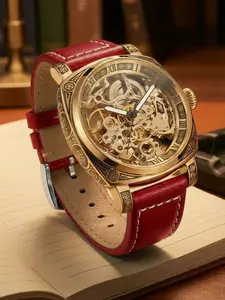 A men's gold carved hollowed out dial with a red leather strap, suitable for couples of both genders, featuring a personalized student style hollowed out carved fully automatic Analog Mechanical watch Gold Watches