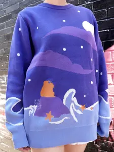 Moonlight Dreamer Women's Knitted Sweater - Navy and Purple Space Frog Crewneck - Womenswear, Pullover