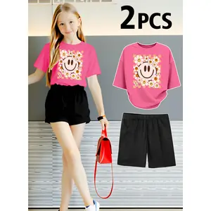 2PCS Set New Summer Girl Children's Clothing Smiley Face Checkerboard Pattern Print Short Sleeved 100% Cotton T-Shirt and Shorts 2 Pcs Set Perfect for Outdoor Perfect for Outdoor