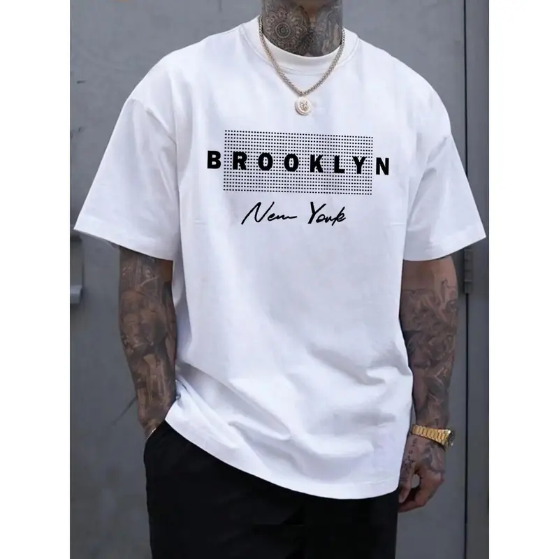 Men's Cotton Graphic Letters Round Neck T-Shirt - Fitted Regular Fit, Light Stretch, All Seasons Casual Streetwear Short-Sleeve Top for Daily 90s Vintage Menswear Fashion
