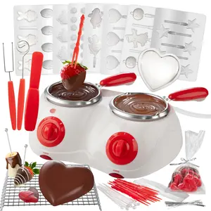 Dual Electric Chocolate Melting Pot Set- Candy Making Or Fondue Fountain Kit W/ 30 Bonus Accessories- Dip  Drizzle & Decorate Strawberries Marshmallow Snacks- S'mores Maker Party Appetizers Desserts