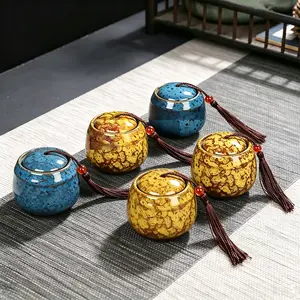 Oriental Reduction Glaze Ceramic Tea Canister - Indigo Blue with Tassel Lid, Minimalist Decorative Gongfu Accessory, Kitchen Storage Jar, Leaf Container, Ideal Cultural Pottery Gift