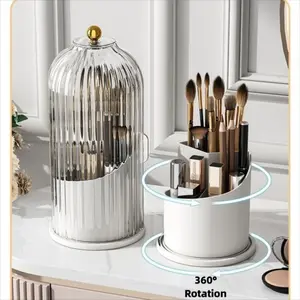 Birdcage Pen Holder Organizer Dustproof Compartment Desktop Cosmetic Storage Box Rotating Makeup Brush Container Vanity Table