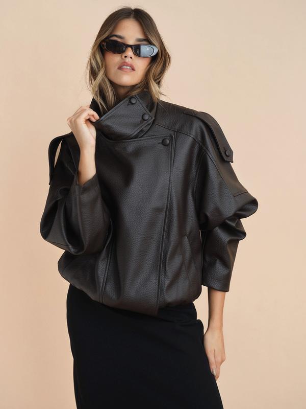 Faux Leather Jacket Woman Outerwears Fashion Asymmetric Zipper Bomber Jacket Demi-Season Streetwear Plus Size Women's Black Jacket Long Sleeve New In Coats Motorcycle Jackets