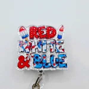 Red White Blue Bomb Pop Americana Glitter Acrylic Retractable Badge ID Reel Belt or Alligator Clip
