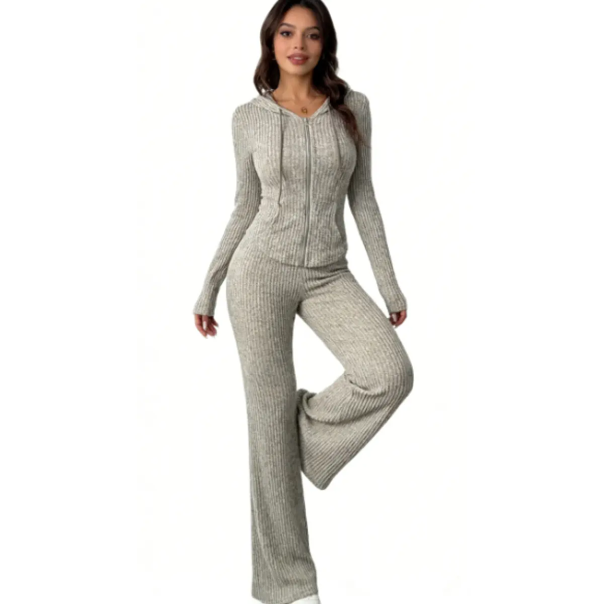 Women's 2pcs Set Solid Color Hooded Zipper Top & Casual Trousers 90% Polyester 10% Elastane Micro Elasticity Knit Fabric 2 piece sets 2 piece sets women comfort sweat set matching sets for women Womenswear Bottom Elegant Long Sleeve Elegant Pockets Suits