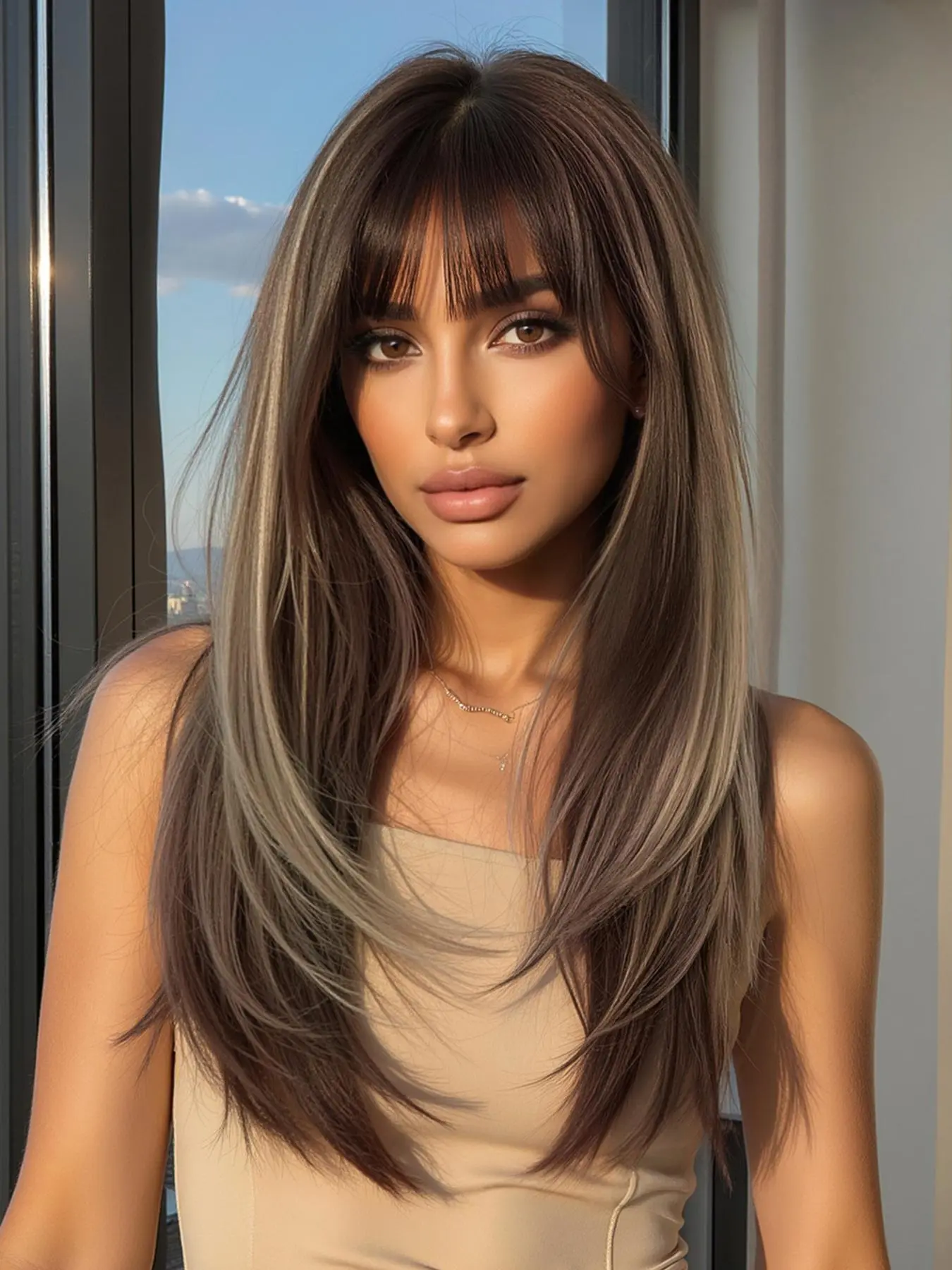 22 Inch Long Straight Ombre Soft Synthetic Hair Wigs for Women, Gorgeous Fluffy Blunt Cut Wig with Blunt Bangs, Synthetic Full Machine Wigs for Party, Daily Use, Synthetic Hair, Synthetic Natural Looking