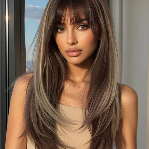 22 Inch Long Straight Ombre Soft Synthetic Hair Wigs for Women, Gorgeous Fluffy Blunt Cut Wig with Blunt Bangs, Synthetic Full Machine Wigs for Party, Daily Use, Synthetic Hair, Synthetic Natural Looking