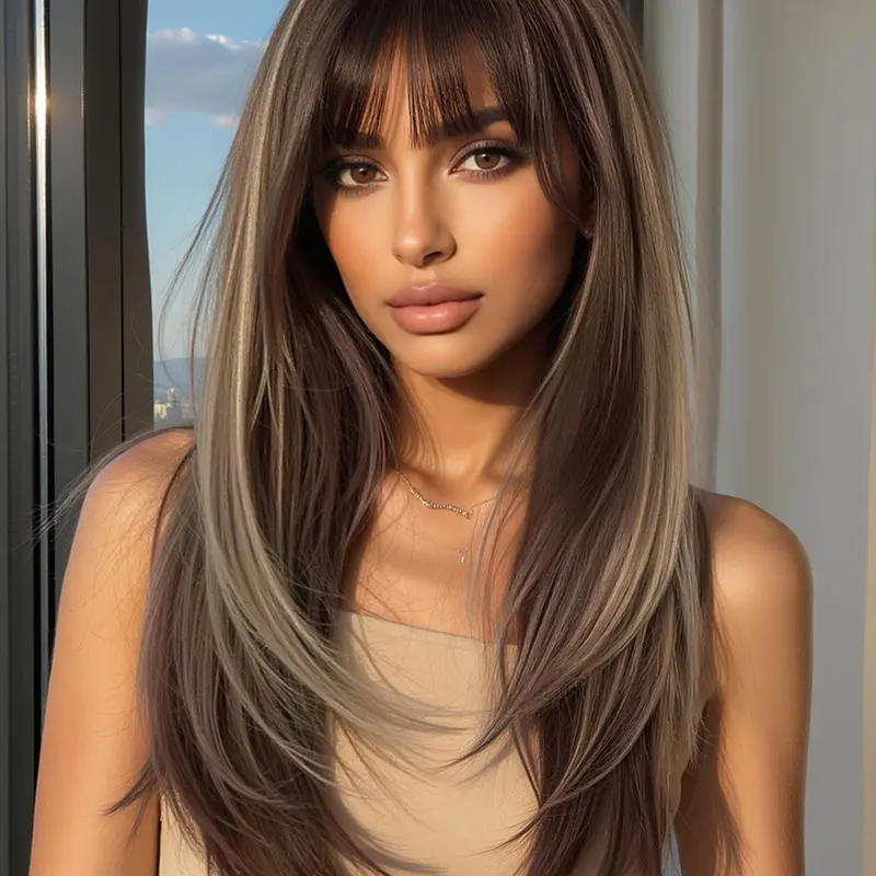 22 Inch Long Straight Ombre Soft Synthetic Hair Wigs for Women, Gorgeous Fluffy Blunt Cut Wig with Blunt Bangs, Synthetic Full Machine Wigs for Party, Daily Use, Synthetic Hair, Synthetic Natural Looking