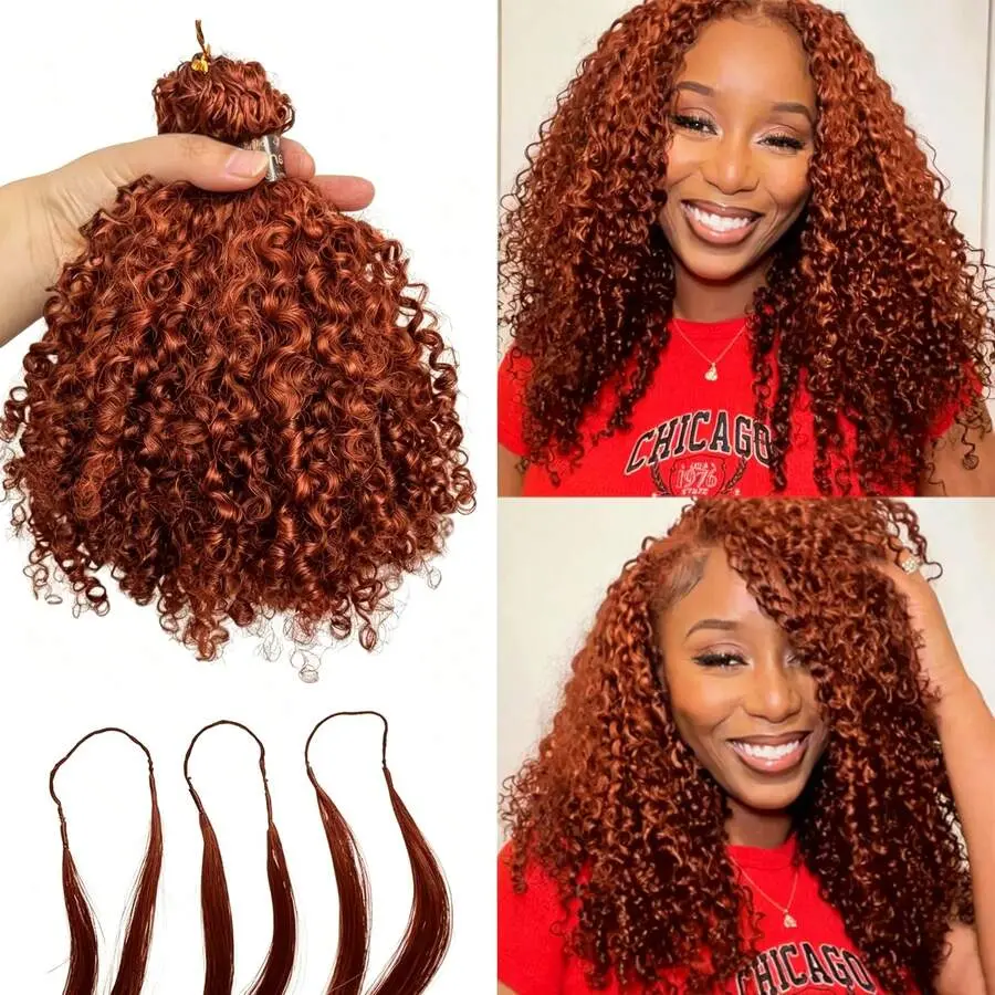 Feather Crochet Hair Reddish Brown Kinky Curly Feather Hair Pre-Divided Bulk Hair For Braiding Miracle Knots Hair Extensions Colored Crochet Glueless Deep Curly Human Hair Knotless Crochet Hair Warehouse Beginner Friendly