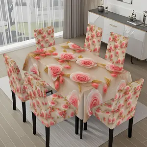 5/7-piece 2D Flat Printing Happy Spring Pink and Gold Flowers Printing Pattern Tablecloth and Chair Cover Set, for dining table and chair decoration, perfect for home, holiday gatherings, restaurants, and parties.