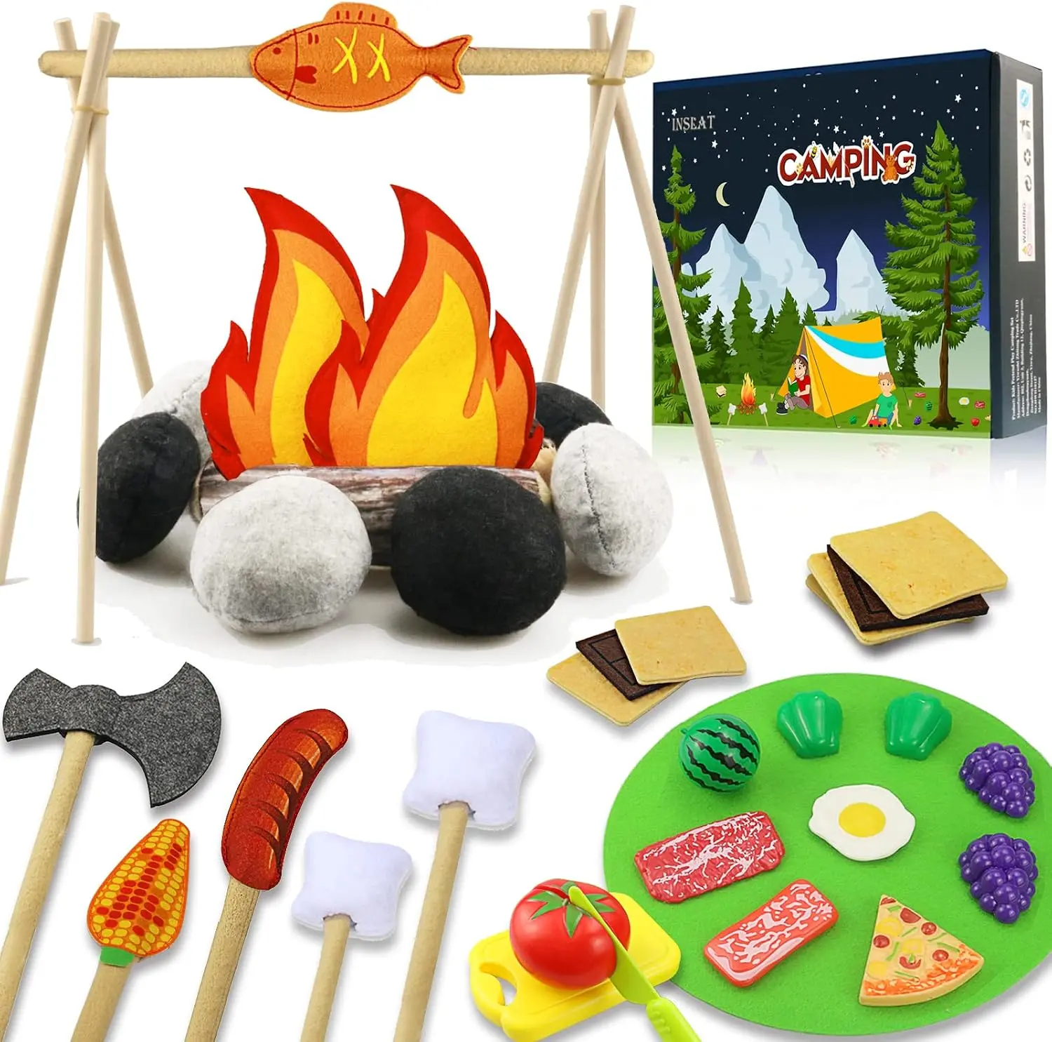 45 PCS Pretend Play Campfire Toy for Kids, Toddler Camping Toys Play Set Felt Campfire Playset with Pretend Cutting Fruits, Plush Fake Fire for Boys Girls Age 3 4 5 6 7Gift.