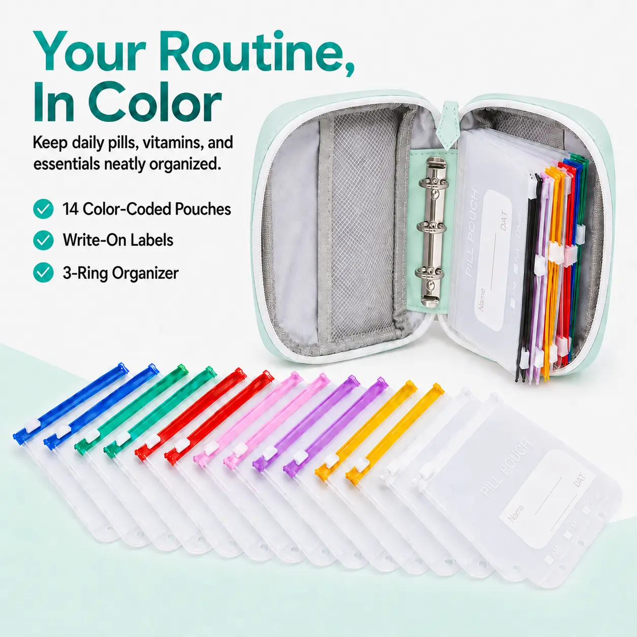 A8 Waterproof Pill Pouch Set, Large Weekly Pill Organizer with 14 Color-Coded Medicine Pouches, Reusable Travel Medicine Organizer, Zippered Pill Storage for Fish Oils, Vitamins, dealsforyou, summerwins