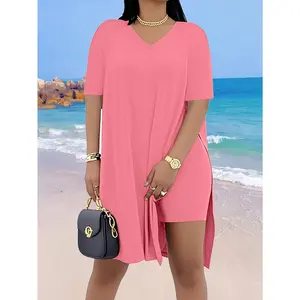 Women's Plus Size Short Sleeve V-Neck Set, Solid Color Stretch Short Sleeve T-Shirt And Split Shorts 2pcs for Jogging,,, Shopping And Holiday Party, Plus Size Set